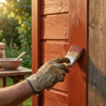 Une main gantée applique de la peinture rouge suédoise sur une paroi en bois brut dans un jardin ensoleillé.