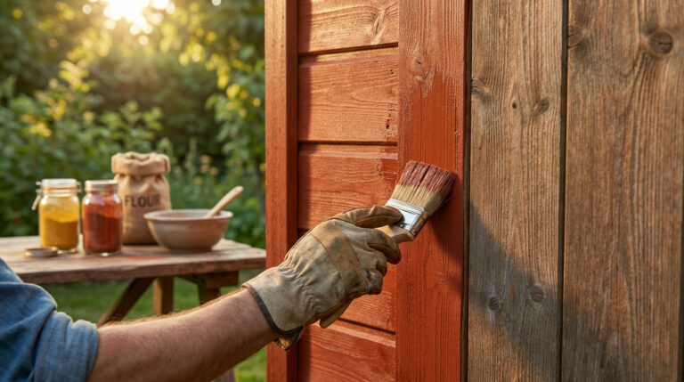 Une main gantée applique de la peinture rouge suédoise sur une paroi en bois brut dans un jardin ensoleillé.