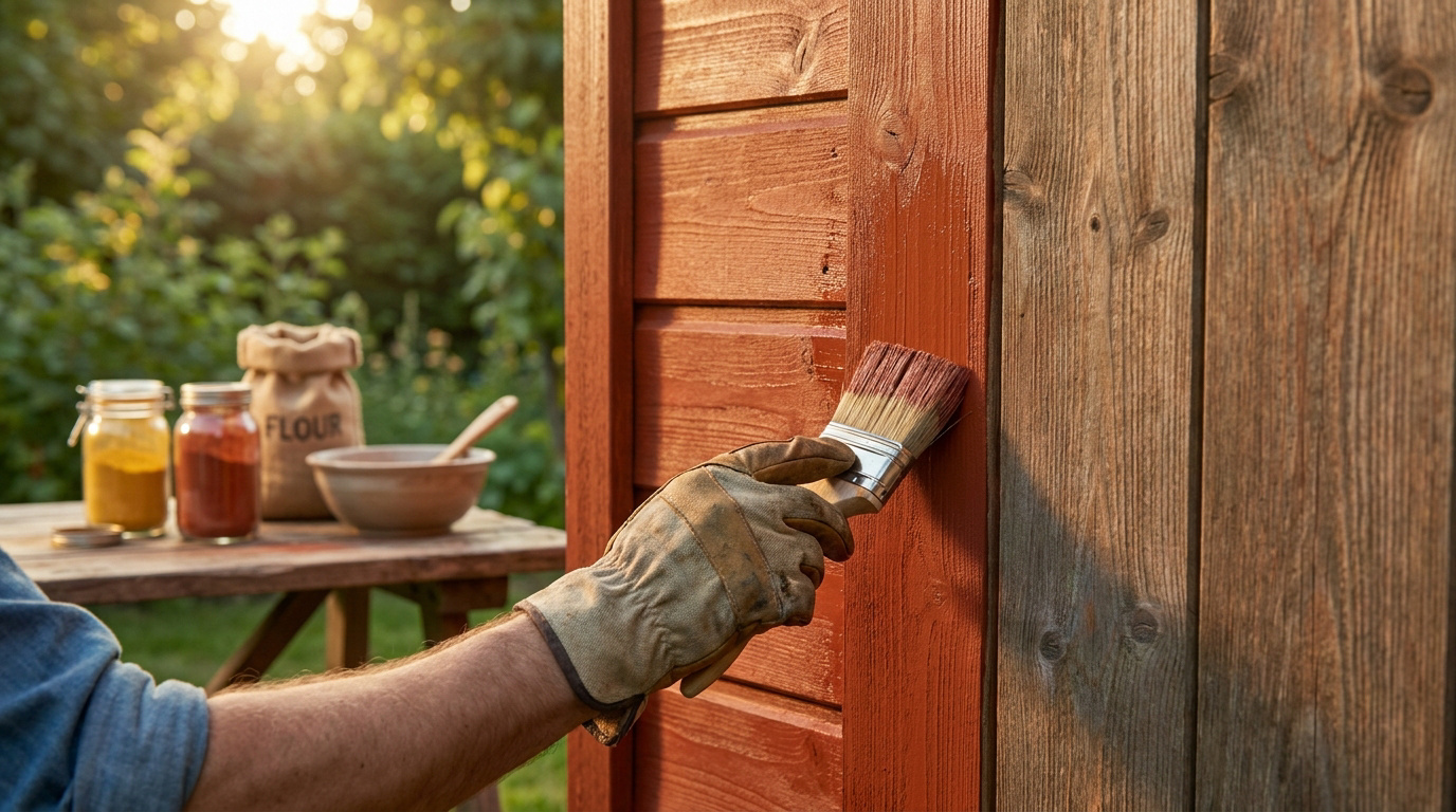Une main gantée applique de la peinture rouge suédoise sur une paroi en bois brut dans un jardin ensoleillé.