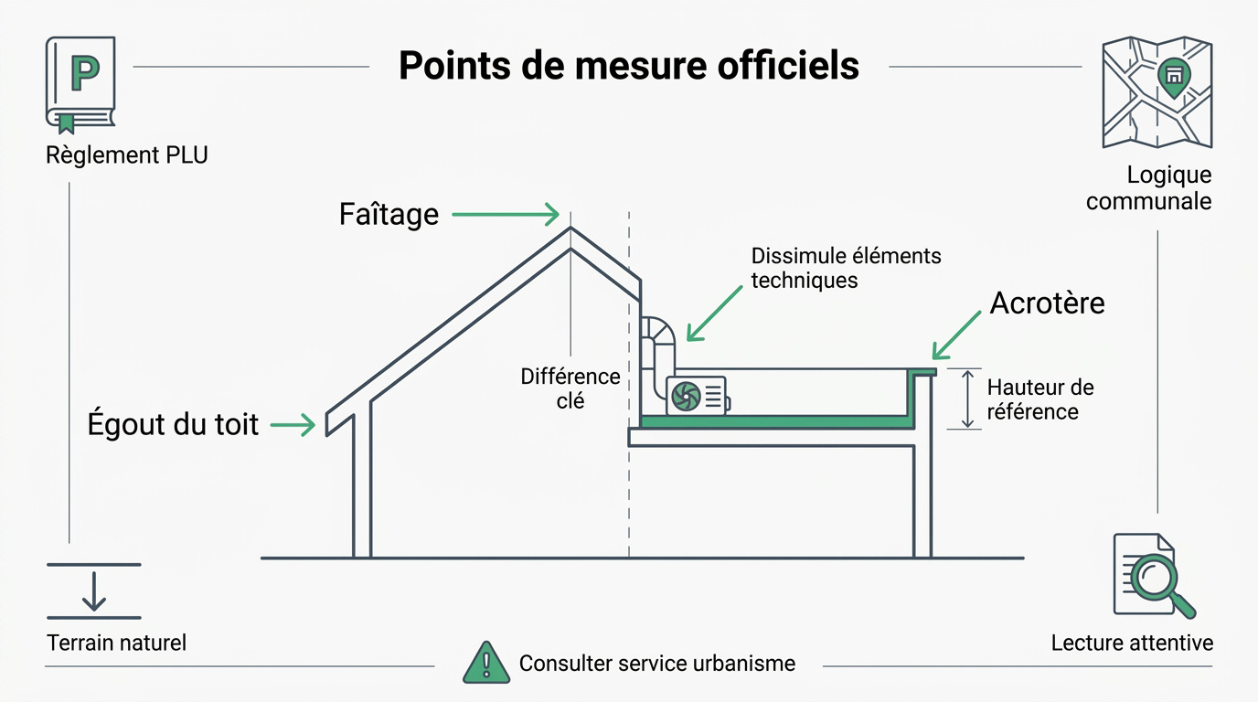 Schéma technique des points de mesure de hauteur faîtage et égout pour une maison individuelle