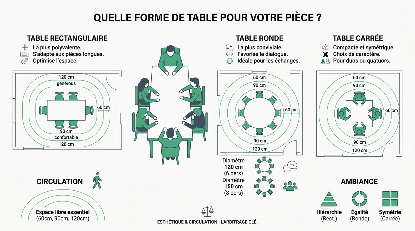 Comparaison des formes de tables à manger rectangulaire, ronde et carrée dans un intérieur