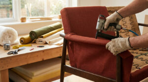 Personne utilisant un pistolet agrafeur pneumatique pour retapisser un fauteuil en tissu rouge dans un atelier.