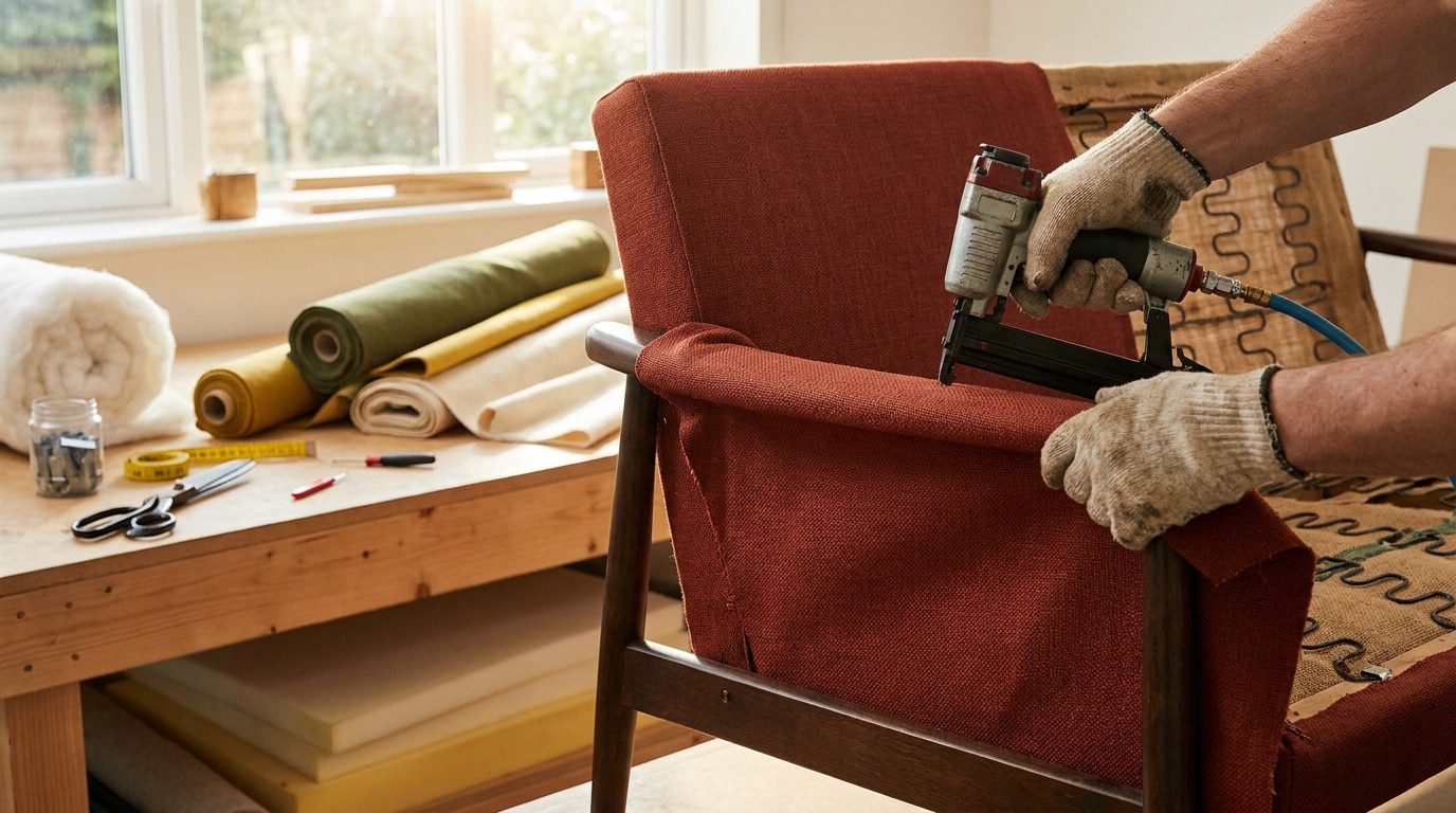 Personne utilisant un pistolet agrafeur pneumatique pour retapisser un fauteuil en tissu rouge dans un atelier.
