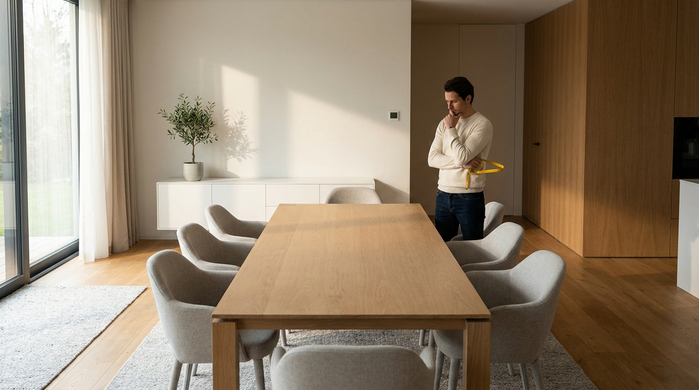 Un homme pensif tenant un mètre ruban devant une table à manger en bois dans une salle à manger lumineuse.