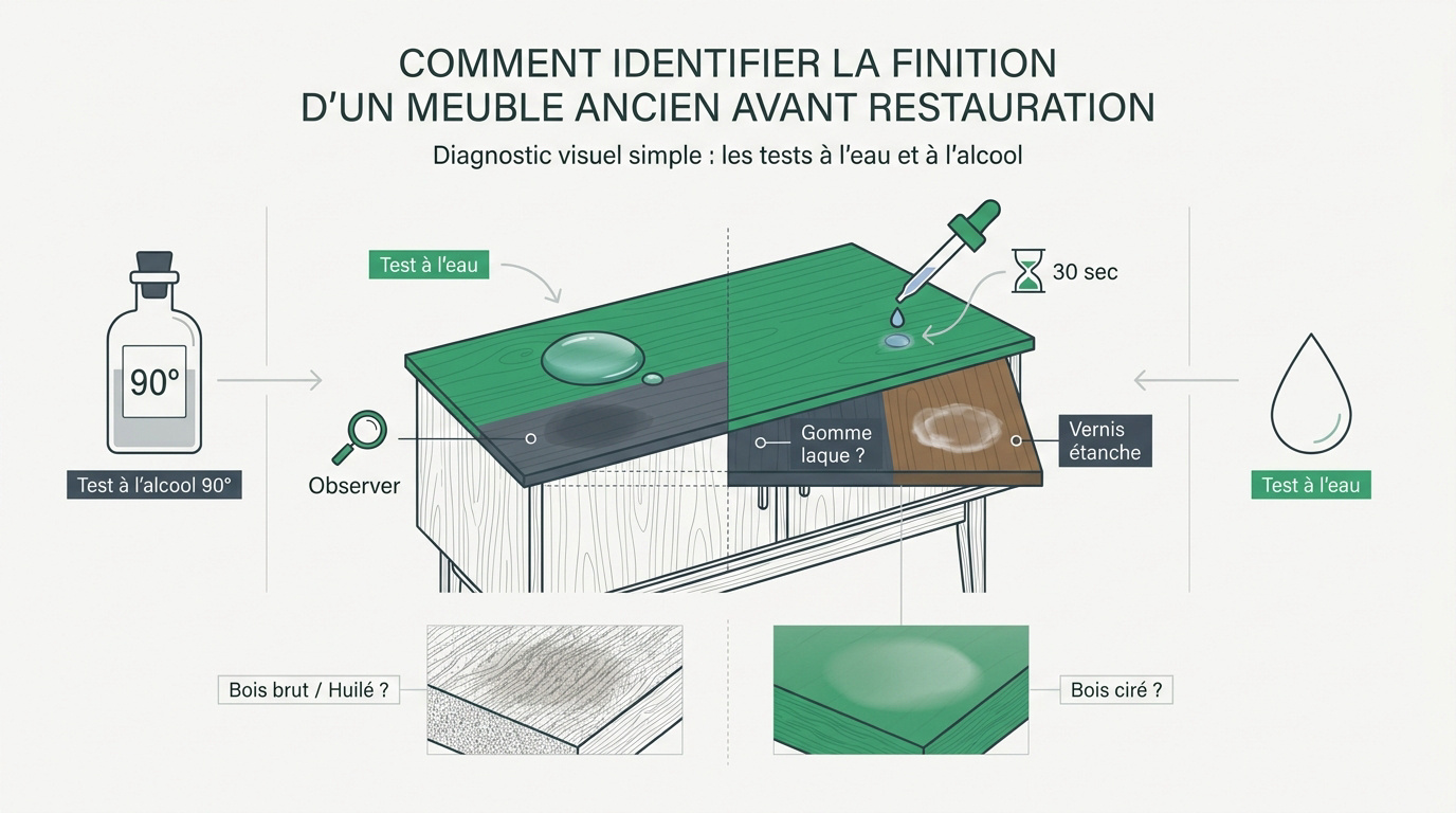 Test à l'alcool et à l'eau sur un meuble en bois ancien pour identifier la finition