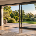 Baie vitrée coulissante en aluminium gris anthracite à moitié ouverte sur une terrasse en bois, dans un salon au parquet clair