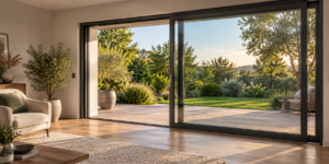 Baie vitrée coulissante en aluminium gris anthracite à moitié ouverte sur une terrasse en bois, dans un salon au parquet clair