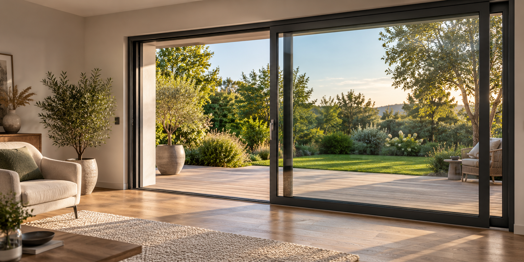 Baie vitrée coulissante en aluminium gris anthracite à moitié ouverte sur une terrasse en bois, dans un salon au parquet clair