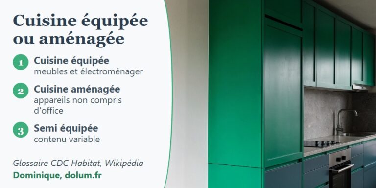 Cuisine aux façades vertes avec plaque, four et évier, et panneau qui distingue cuisine équipée, aménagée et semi équipée
