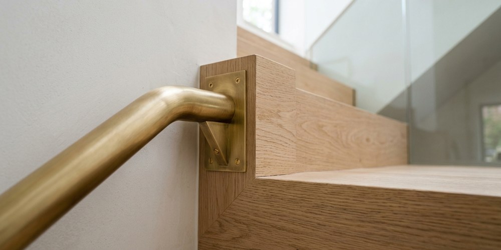 Main courante en laiton fixée par une platine au chêne de l'escalier, garde-corps en verre en arrière-plan
