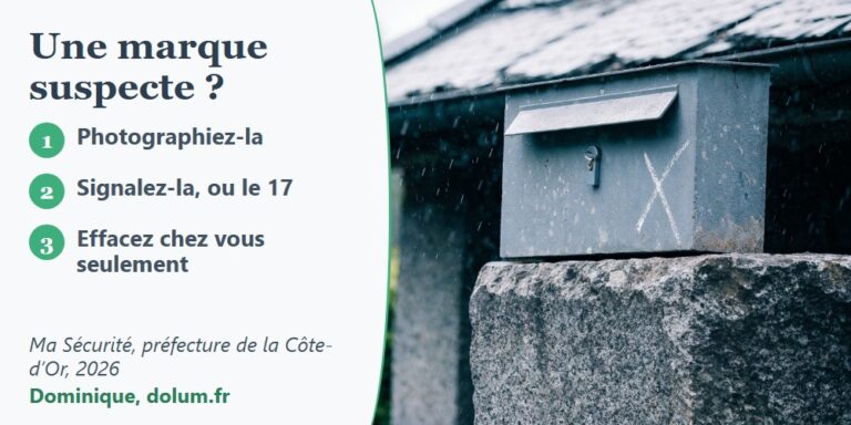 Croix tracée à la craie sur une boîte aux lettres de maison et panneau de Dominique sur les signes de cambriolage