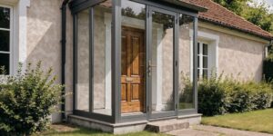 Petit sas d'entrée vitré à cadre aluminium gris, accolé à la façade crépie d'une maison, devant la porte d'entrée en bois