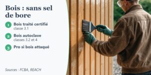 Artisan de dos, lunettes de protection et gants nitrile verts, passant une finition au pinceau sur un bardage en pin