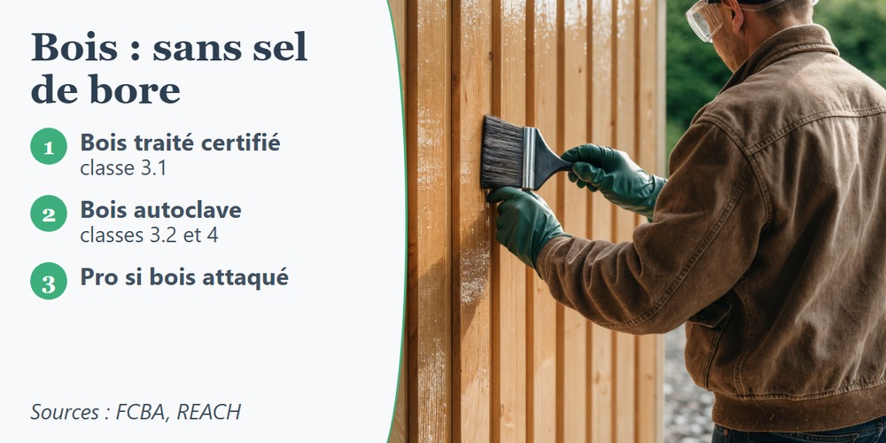 Artisan de dos, lunettes de protection et gants nitrile verts, passant une finition au pinceau sur un bardage en pin